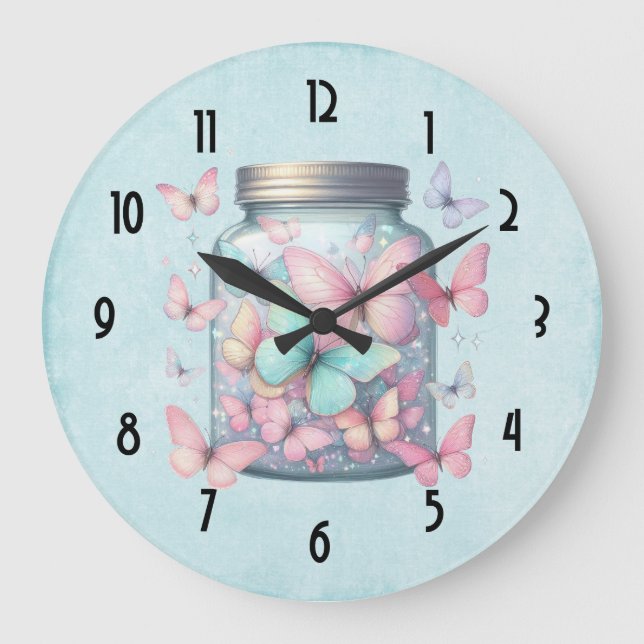 Grande Horloge Ronde Papillons Fantaisistes dans un Pot (Recto)