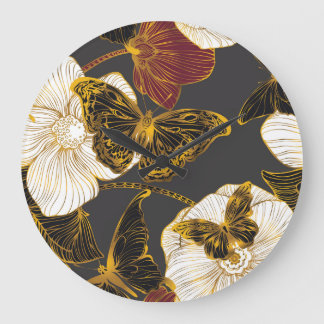 Grande Horloge Ronde Papillons & Fleurs : Motif Boho de printemps
