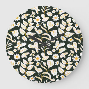 Grande Horloge Ronde Papillons & Fleurs : Motif d'été Doodle.