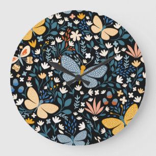 Grande Horloge Ronde Papillons Floral : Main Tirée Sans Couture.