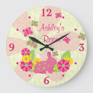 Grande Horloge Ronde Papillons lapin vert rose Fleurs