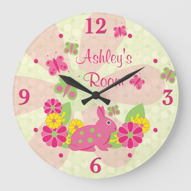 Grande Horloge Ronde Papillons lapin vert rose Fleurs (Recto)