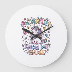 Grande Horloge Ronde Papillons Licorne Connaissent Mon Nom Charmant Art