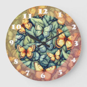 Grande Horloge Ronde Papillons Motif Bleu Vert Jaune