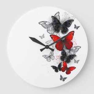 Grande Horloge Ronde Papillons noirs et rouges volants