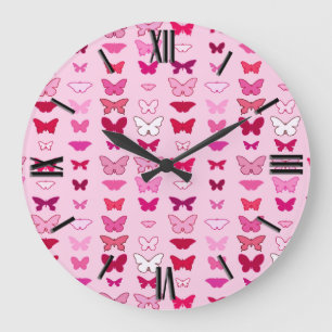 Grande Horloge Ronde Papillons, nuances roses et fuchsia