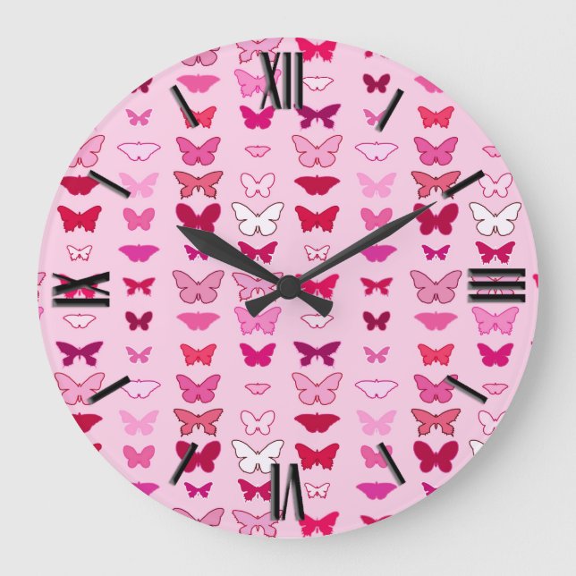 Grande Horloge Ronde Papillons, nuances roses et fuchsia (Recto)