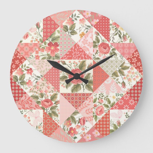 Grande Horloge Ronde Papillons rose Patchwork sans couture (Recto)