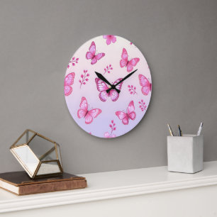 Grande Horloge Ronde Papillons roses et motif de fleurs