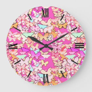 Grande Horloge Ronde Papillons, roses multiples et profondes