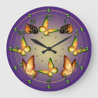 Grande Horloge Ronde Papillons sur pourpre