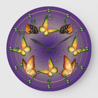 Grande Horloge Ronde Papillons sur violet riche