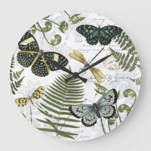 Grande Horloge Ronde papillons vintages et libellules modernes