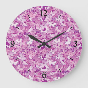 Grande Horloge Ronde Papillons, violet, lavande, rose
