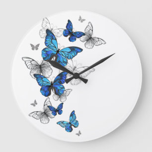 Grande Horloge Ronde Papillons volants bleus Morpho
