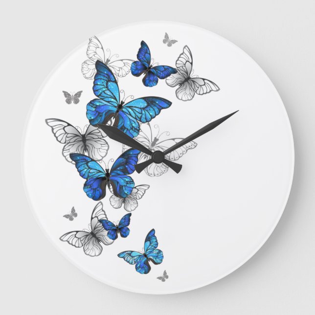 Grande Horloge Ronde Papillons volants bleus Morpho (Recto)