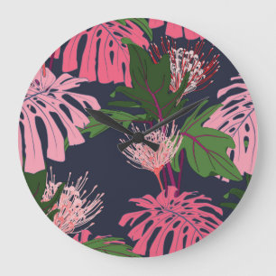 Grande Horloge Ronde Paradis tropical : Feuilles et fleurs exotiques