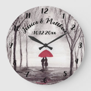 Grande Horloge Ronde Parapluie rouge amour couple rustique romantique v