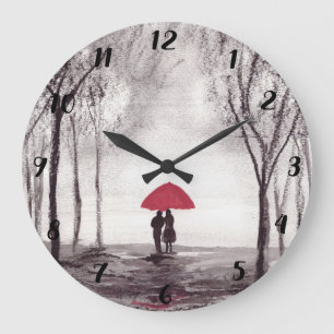 Grande Horloge Ronde Parapluie rouge couple rustique romantique vintage
