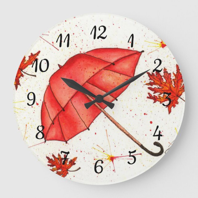 Grande Horloge Ronde Parapluie rouge vif et aquarelle feuille rouge (Recto)
