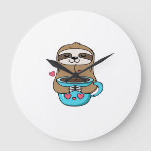 Grande Horloge Ronde Paresseux Chibi amateur de café � Paresseux Kawaii