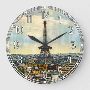 Grande Horloge Ronde Paris avec la Tour Eiffel