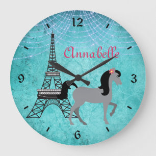 Grande Horloge Ronde Paris personnalisé Pony Oh La La Grey Horse