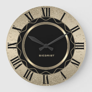 Grande Horloge Ronde Parties scintillant Abstraite Black and Gold
