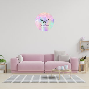 Grande Horloge Ronde Parties scintillant arc-en-ciel goutte rose monogr