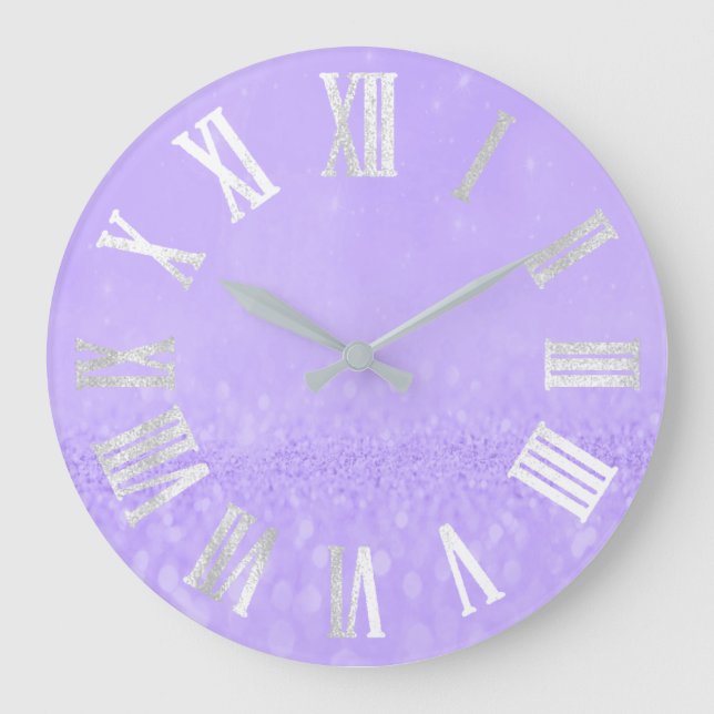 Grande Horloge Ronde Parties scintillant argentée violet gris Métal Num (Recto)