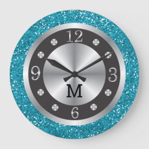 Grande Horloge Ronde Parties scintillant Bleu Turquoise Argent Et Monog