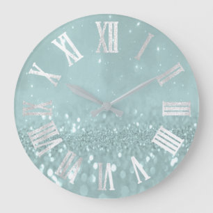 Grande Horloge Ronde Parties scintillant Bleue Argent Chiffres Métalliq