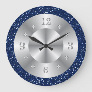 Grande Horloge Ronde Parties scintillant Bleue Chic Numéros d'argent Gr