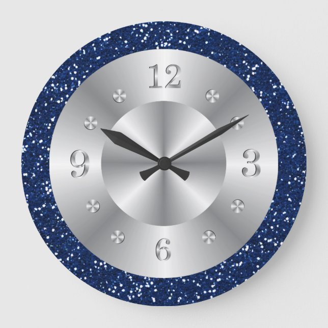 Grande Horloge Ronde Parties scintillant Bleue Chic Numéros d'argent Gr (Recto)