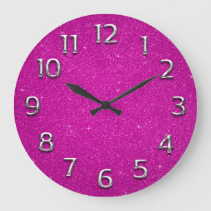 Grande Horloge Ronde Parties scintillant chiffres arabes Gris Fuchsia r