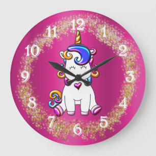 Grande Horloge Ronde Parties scintillant colorée rose licorne rose