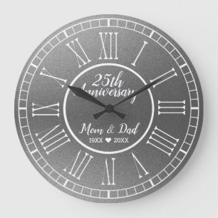 Grande Horloge Ronde Parties scintillant d'argent 25e anniversaire Mari