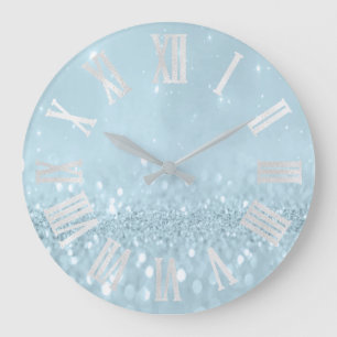 Grande Horloge Ronde Parties scintillant d'argent glacée bleue Numéros 