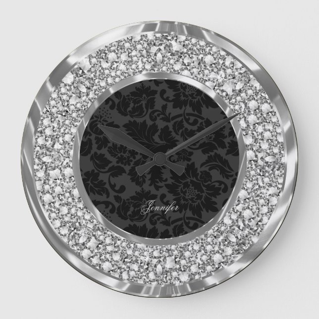 Grande Horloge Ronde Parties scintillant de diamants Faux Damas Noirs (Recto)