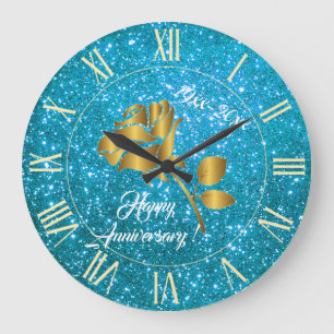 Grande Horloge Ronde Parties scintillant d'or de luxe Blue Floral cadea
