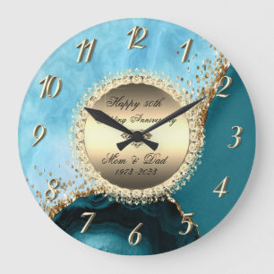 Grande Horloge Ronde Parties scintillant d'or Marbre Turquoise 50e Mari