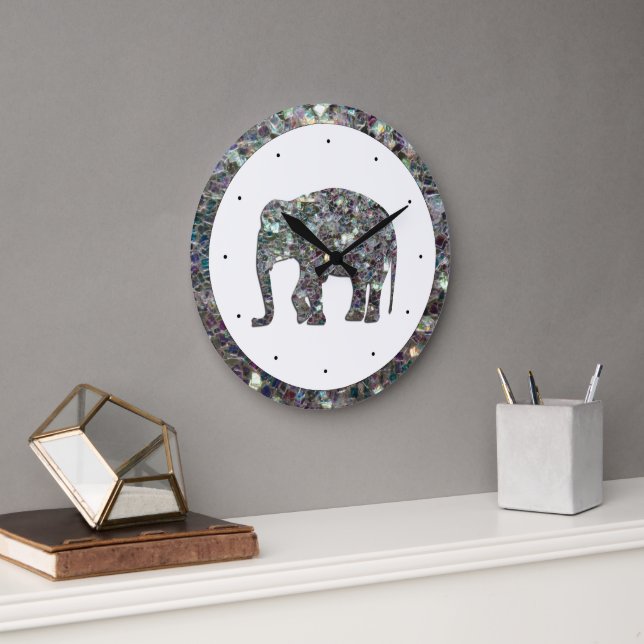 Grande Horloge Ronde Parties scintillant en mosaïque argentée Eléphant (Bureau)