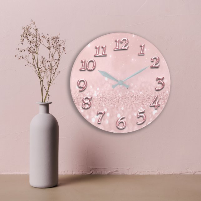 Grande Horloge Ronde Parties scintillant gris argenté minimal rose rose (Silver Gray Glitter Minimal Pink Rose Blush Girly Large Clock )