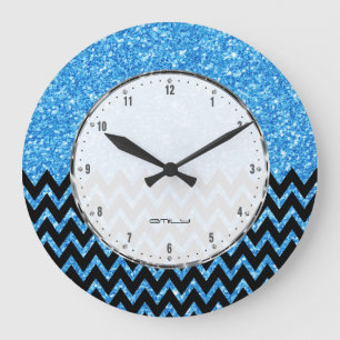 Grande Horloge Ronde Parties scintillant noire Chevron Blue Faux