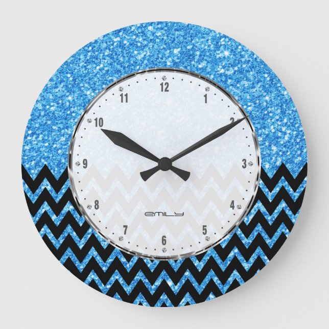 Grande Horloge Ronde Parties scintillant noire Chevron Blue Faux (Recto)