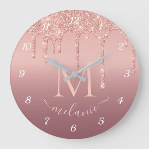 Grande Horloge Ronde Parties scintillant or rose Lettre personnalisée N