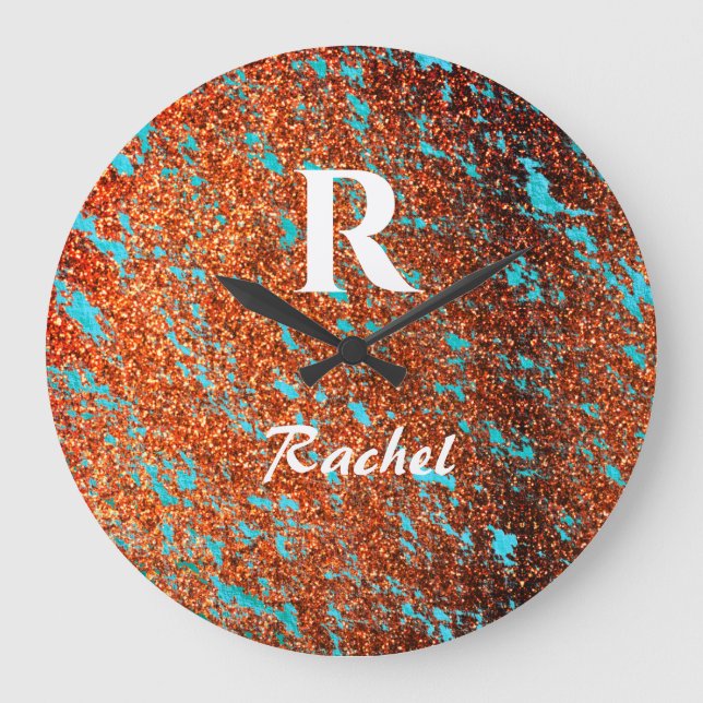 Grande Horloge Ronde Parties scintillant or Turquoise Monogramme bleu N (Recto)