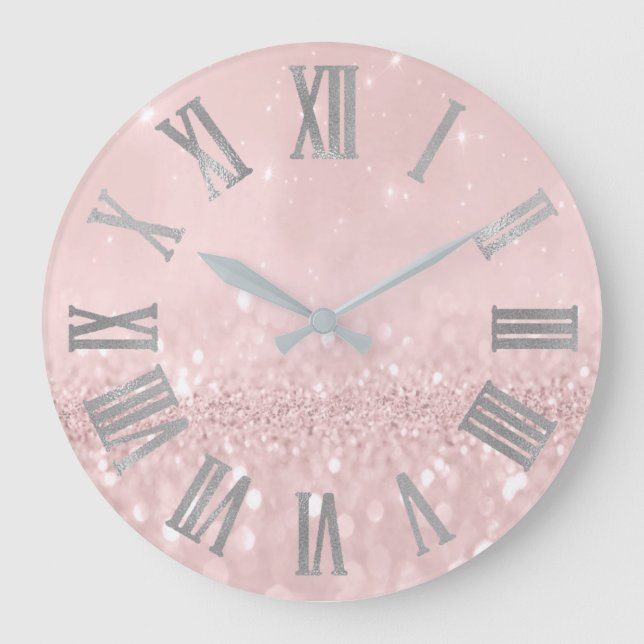 Grande Horloge Ronde Parties scintillant rose argenté Chiffres romains  (Recto)