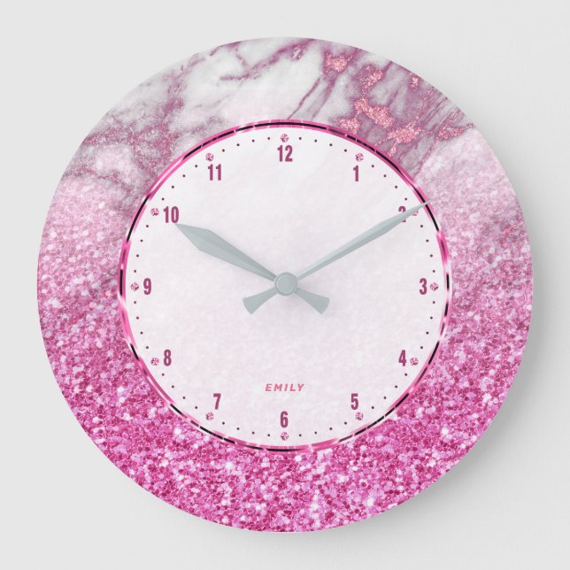 Grande Horloge Ronde Parties scintillant rose avec faux marbre blanc et (Recto)