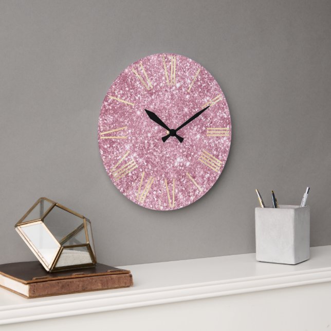Grande Horloge Ronde Parties scintillant rose glamour et or (Bureau)